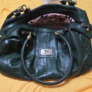 Sharif Green Leather Shoulder Bag with Glossy Finish and Double Handles